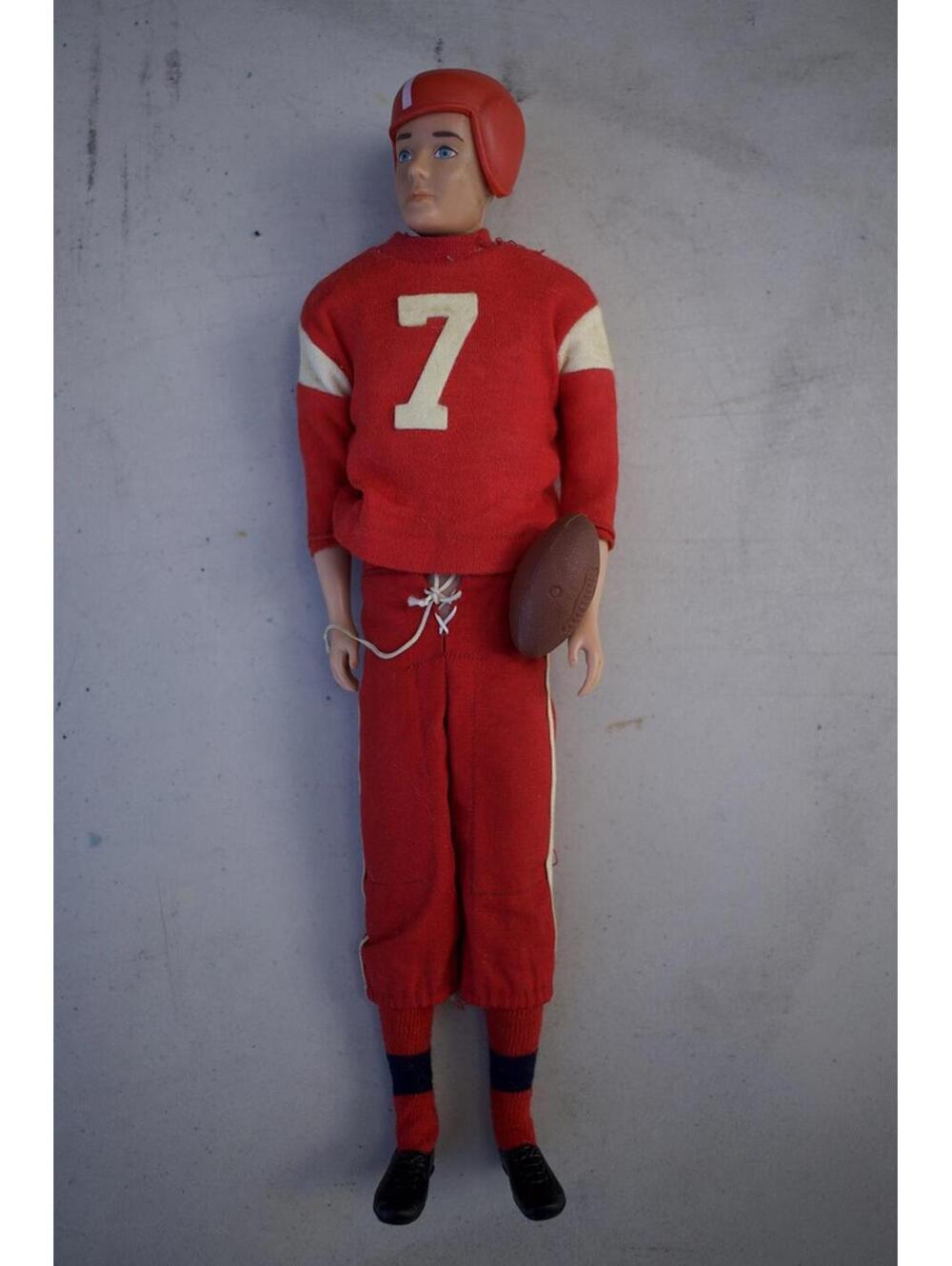 Vintage Ken Barbie Doll Red Football Player with Helmet and Ball